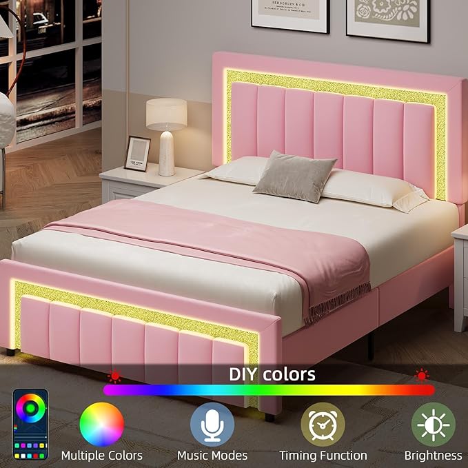 HOMBCK Queen Bed Frame with LED Lights and Velvet Upholstered Headboard, Bed Frame Queen Size with Modern Diamond Headboard Adjustable, Wooden Slats Support, Noise Free, No Box Spring Needed, Pink