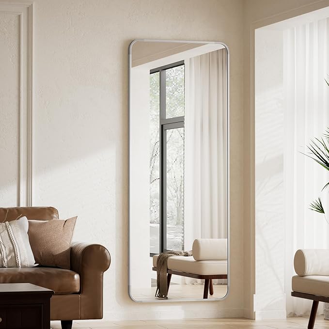 BEAUTYPEAK Silver Full Length Mirror, 65"x24" Rounded Corner Floor Mirror Standing Hanging or Leaning Against Wall, Suitable for Bedroom or Dressing Room