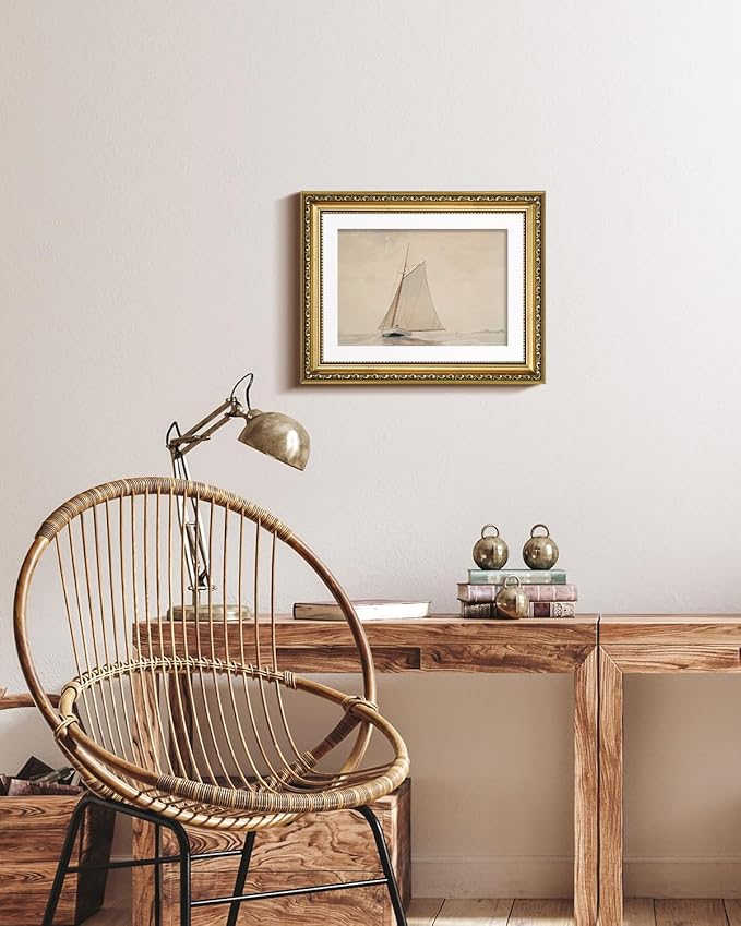 VIYYIEA Gold Framed Wall Art Canvas Print Home Decor for Living Room White Sailboat Seascape Watercolor Vintage Beach Painting on Canvas - Coastal Wall Art Prints for Bedroom Office Bathroom 11x14in