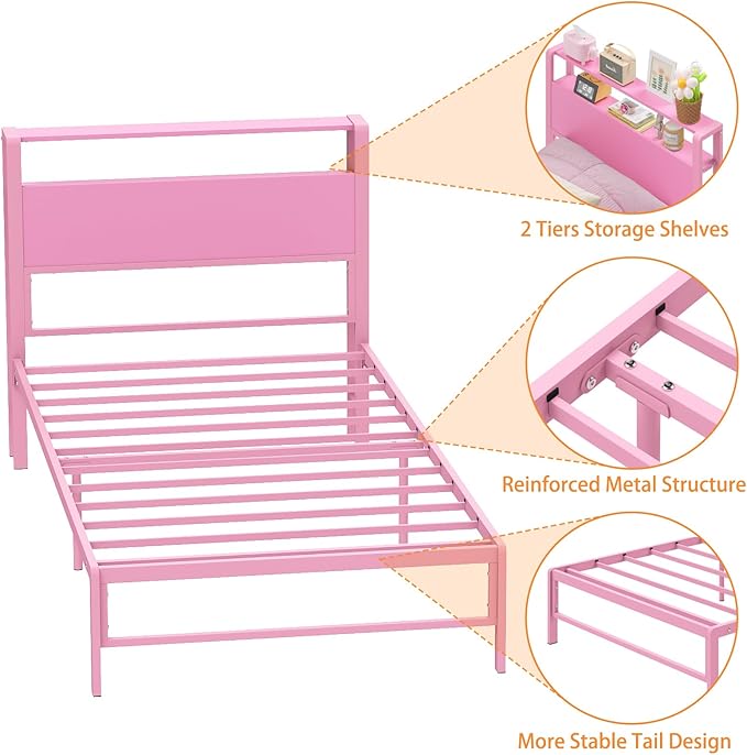 Weehom Twin Bed Frames for Kids with 2 Tiers Wood Storage Shelves Headboard, Twin Size Bed No Box Spring Needed Easy Assembly Metal Platform for Girls and Adults, Pink