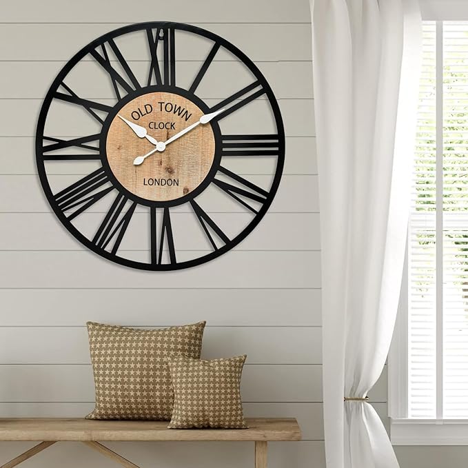 Large Old Town Wall Clock - Decorative Antique 24-inch Silent Non Ticking Clock for Farmhouse, Dining Room, Bedroom, Kitchen - Black Metal and Wood Clocks