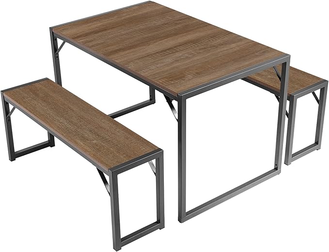 SHA CERLIN Kitchen Dining Table Set for 4 with Benches, Rustic Small Space Saving Dinette, Heavy Duty Metal Frame