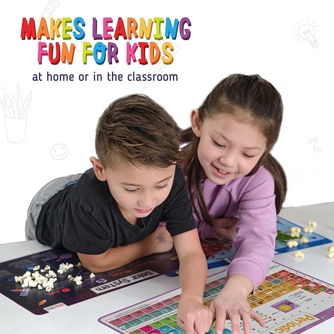 Merka Kids Placemats Set of 4 – Reusable US Map & US Presidents, Famous People & Periodic Table for Kids Dining - Dining Table Set for 4 Placemats
