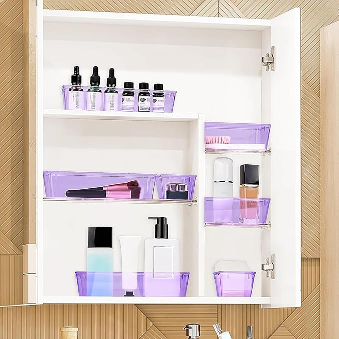 23 PCS Drawer Organizer Set, 5 Varied Size Bathroom and kitchen Drawer cabinet organizer Trays, Clear Storage Bins for Makeup, Jewelry, Utensils and Gadgets, Purple