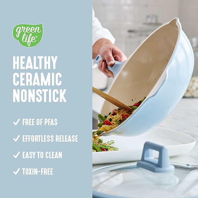 GreenLife Nonstick 12” (5QT) All in One Deep Skillet Wok with Lid, PFAS-Free Non-Toxic Ceramic Multi-Purpose Pan, Induction, All Stovetop, Egg, Stir Fry, Saute, Stay Cool Handle, Blue Haze