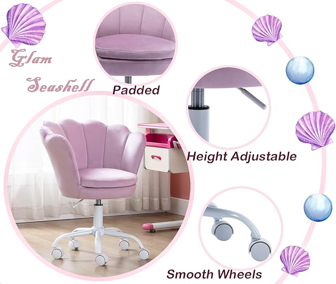 DM Kids Desk Chair Ergonomic Reading Study Adjustable Computer Chair for Students Cute Modern Upholstered Velvet Swivel Rolling Arm Chair with Seashell Back for Girls Bedroom, Purple