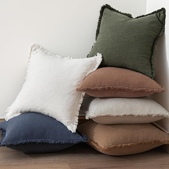 MIULEE Decorative Throw Pillow Covers Neutral Fringe Throw Pillows Set of 2 Rifle Green Boho Farmhouse Cushion Covers with Tassels for Couch Sofa Bed Living Room Spring Home Decor 20x20 Inch