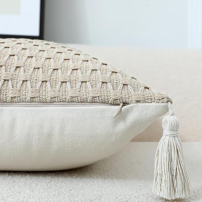 sykting Boho Outdoor Pillow Covers 18x18 Set of 2 Thick Woven Neutral Beige Throw Pillow Covers with Tassels for Couch Sofa Living Room