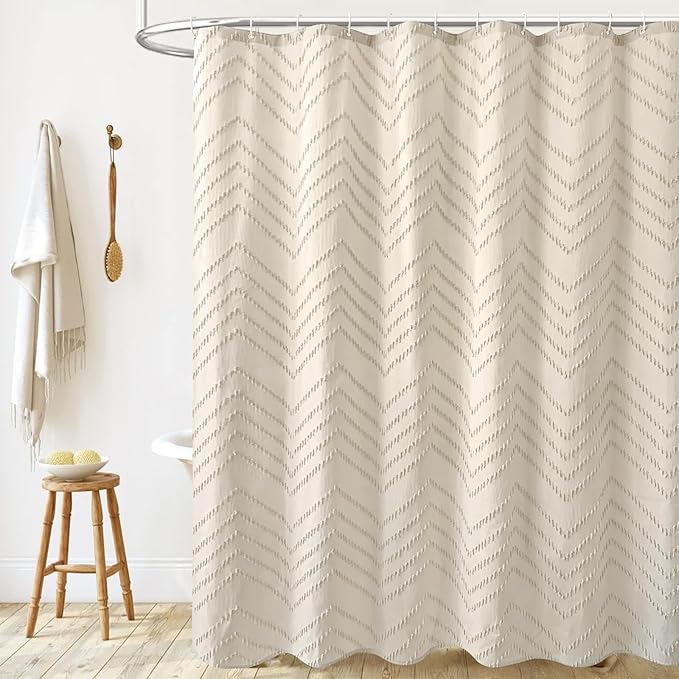 96inch Extra Long Beige Shower Curtain Modern Farmhouse Shower Curtain Bohemian Chic Tufted Chevron Textured Striped Minimalist Shower Curtains Woven Fabric Cute Beige Shower Curtains