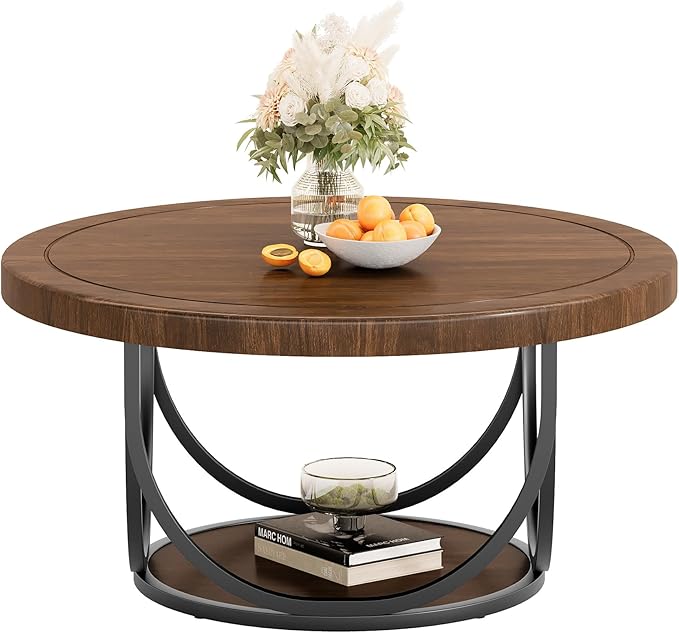 Tribesigns Round Coffee Table with 2 Tiers, 35.4" Wooden Circle Accent Cocktail Table with Storage Shelf and Metal Frame, Industrial Center Tables for Living Room, Brown & Black