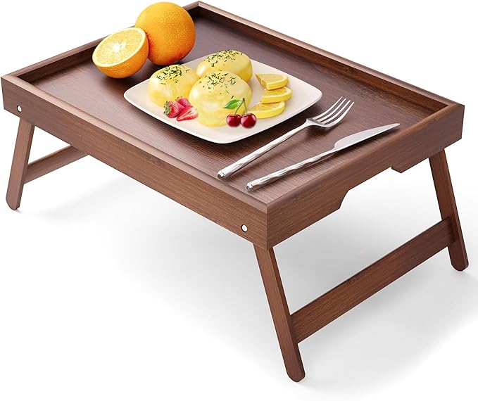 Bamboo Bed Tray Table with Foldable Legs Breakfast Tray, Lightweight Laptop Desk for Eating, Reading, Working in Bed or Sofa – Portable Lap Desk with Handles, Perfect for Home - Brown