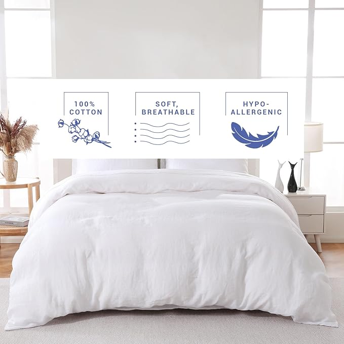 Kotton Culture 100% Washed Cotton Duvet Cover Set Queen Size - 600 Thread Count Comforter cover, Soft Linen Feel, Luxury,3-Pc Set with Zipper Closure & Corner Ties (Washed Cotton White,Queen 90"x 90")