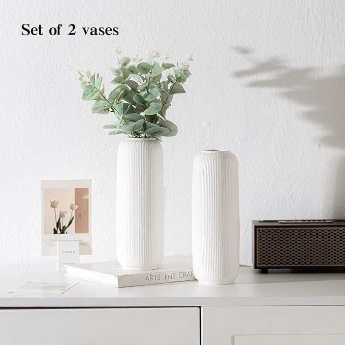 White Ceramic Vases for Flowers, 9.8 INCH Modern Small Ribbed Textured White Flower Vase for Home Decor, Pampas Grass, Decorative, Farmhouse, Coffee Table, Bookshelf and Home Living