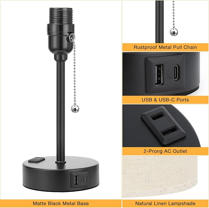 Beige Small Lamps 3 Levels Brightness - 2700K 3500K 5000K Bedside Lamps with USB C and A Ports, Pull Chain Table Lamps with AC Outlet, Nightstand Lamps with Black Metal Base for Bedroom Kids Reading