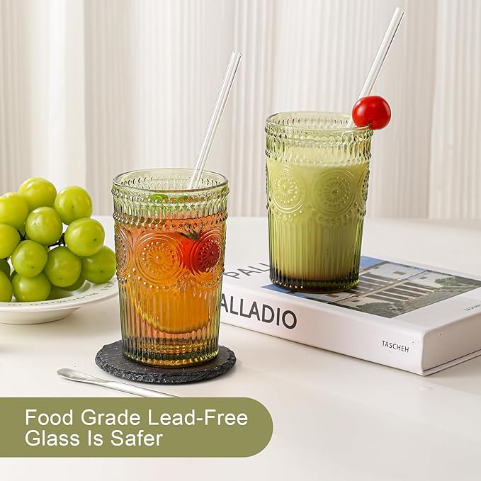 Vintage Glassware Drinking Glasses Set of 6,13 oz Green Textured Flower Design Glass Water Tumblers,Embossed Striped Drinkware for Water,Cocktails,Juice,Iced Coffee