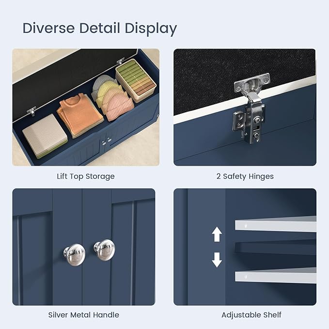 usikey Shoe Bench with Lift Top Storage, Storage Bench with Padded Seat Cushion, Entryway Bench with 2 Adjustable Shelves, for Entryway, Living Room, Bedroom, Blue