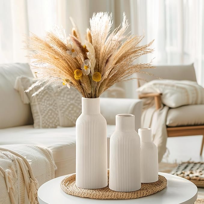 White Ceramic Vases Set of 3, White Ribbed Decorative Vases - Table Centerpieces for Wedding, Living Room, Office & Shelf Decor