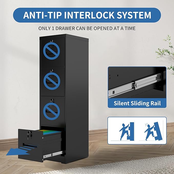 4 Drawer File Cabinet with 4 Individual Locks, Vertical Metal Filing Cabinet Home Office Narrow Locking File Cabinets for A4/Legal/Letter File Folders, Anti-Tilt Design, Need Assemble (Black)