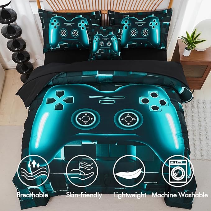PERFEMET 6-Piece Boys Gamer Comforter Set Full Size Teal Blue Video Game Controller Bedding Comforter Set with Sheets Lightweight 3D Black Gaming Pattern Bed in a Bag for Kids Teen(Teal, Full)