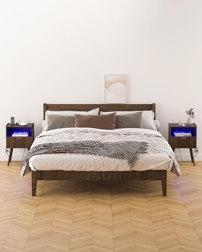 Nightstand, Modern Bedside Table with Charging Station and LED Lights, Night Stand with Storage Drawer and Solid Wood Legs
