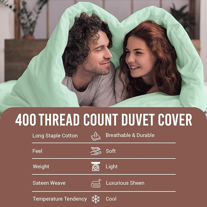 Pizuna Pure 100% Cotton Queen Duvet Cover Set, Luxurious 400 Thread Count Long Staple Cotton Sateen Weave with Button Closure (Combed Mint Green Cotton Duvet Cover Queen)