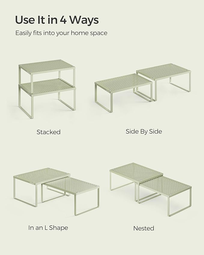 SONGMICS Spice Racks, Set of 4 Metal Cabinet Shelf Organizers, Countertop Organizers, Shelf Risers, Stackable, Expandable, Sage Green UKCS006C01