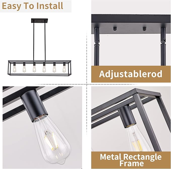 Farmhouse Rectangle Chandeliers for Dining Rooms, Kitchen Fixture Lights Pendant Lights Kitchen Island Black 6-Light Industrial Pendant Lighting for Kitchen Island