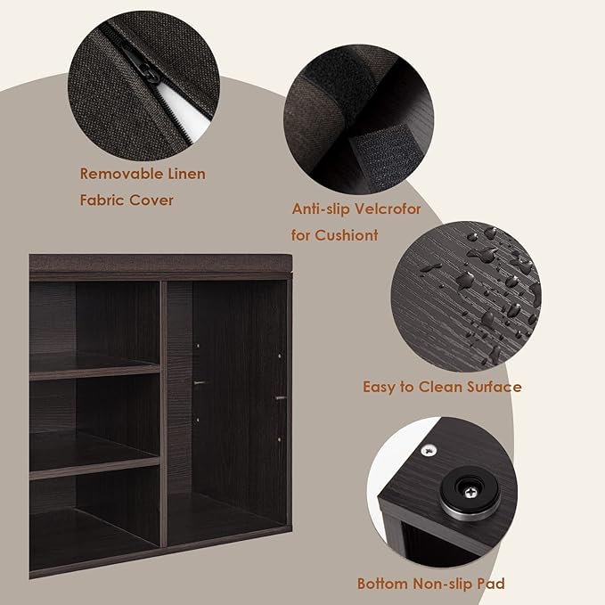 DINZI LVJ Shoe Storage Bench with Cushion, Cubby Shoe Rack with 12 Cubbies, Adjustable Shelves, Multifunctional Shoe Organizer Bench for Entryway, Mudroom, Hallway, Closet and Garage, Espresso