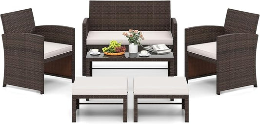 Tangkula 6 Pieces Patio Furniture Set, Outdoor Sectional Conversation PE Rattan Sofa Set with 1 Loveseat, 1 Coffee Table, 2 Armchairs and 2 Ottomans for Garden, Deck, Backyard and Poolside (White)