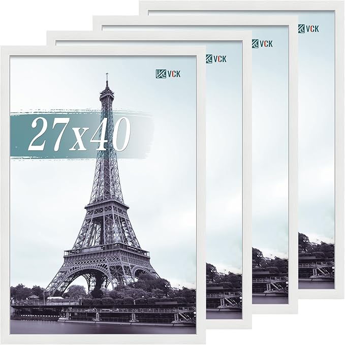 VCK 27x40 Picture Frame Set of 4 - White, Gallery-Quality Wood Poster Frames, 1.1-Inch Wide Border, Polished Plexiglass, Vertical or Horizontal Wall Display for Photo/Art/Prints, White
