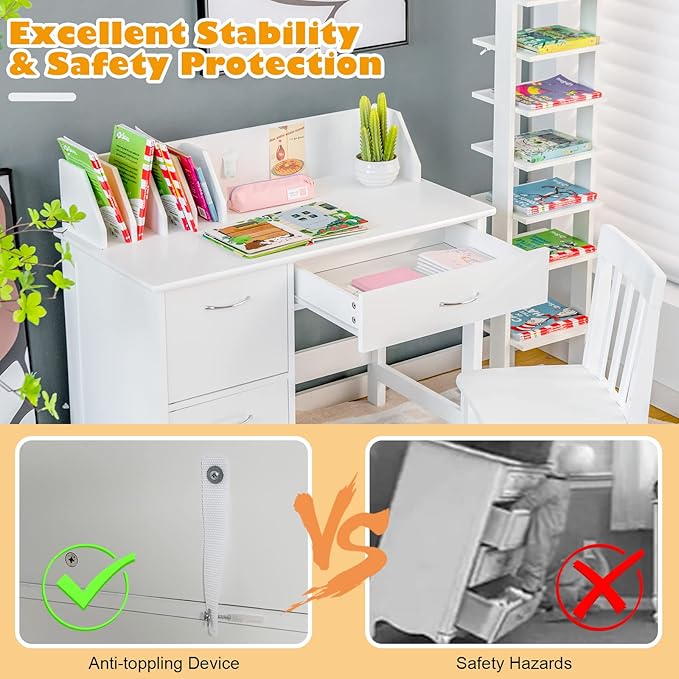 Costzon Kids Desk and Chair Set, Children Wooden School Learning Table w/Drawer & Storage Cabinets, Student Writing Computer Workstation for Bedroom & Study Room, Gift for Ages 3-8 (White)