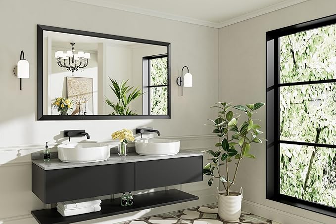 60x36 Inch Black Bathroom Mirror for Wall, Thick Metal Framed Rectangle Mirrors for Over Sink, Bedroom, Living Room, Entryway, Anti-Rust, HD Tempered Glass