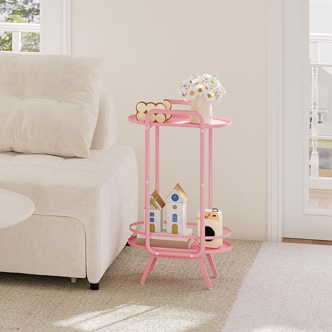 HOOBRO Pink Side Table, 2 Tier Oval End Table with Tray Storage, Small Cute Kids Nightstand for Living Room, Bedroom, Dorm PK184BZ01