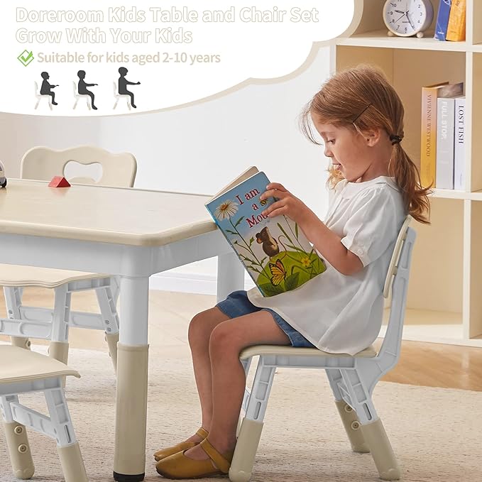 Toddler Table and Chairs Set for 4, 47.2''L x 23.6''W Kids Study Table and Chair Set, Height-Adjustable, Graffiti Desktop, Children Activity Table for Daycare, Classroom, Home