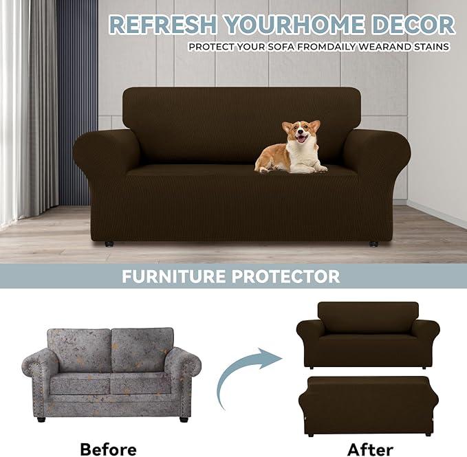 LURKA Stretch Loveseat Sofa Slipcovers 1 Piece Couch Covers for Sofa Furniture Protector Full Sofa Covers with Elastic Bottom for Kids and Dog (Brown, Medium)