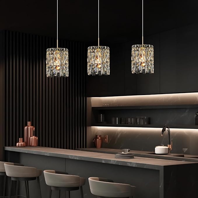 Modern K9 Crystal Pendant Lights Kitchen Island Set of 3,Gold Chandeliers for Dining Room Light Fixtures Over Table,Hanging Chandelier for Kitchen Island Entryway Bathroom BedHead Bedroom