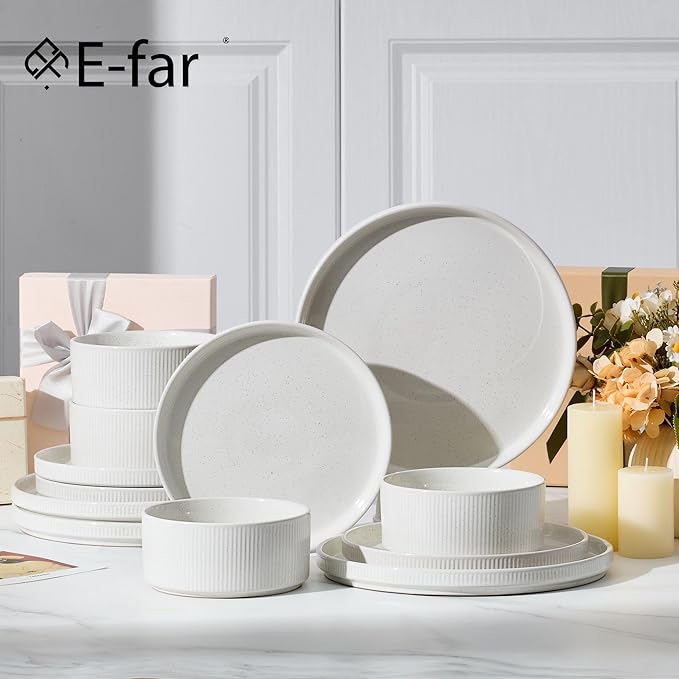 E-far 12-Piece Plates and Bowls Sets, Stoneware Dinnerware Dishes Sets for 4, Kitchen Modern Dining Dishware, Chip & Scratch Resistant, Microwave & Dishwasher Safe, Speckled White