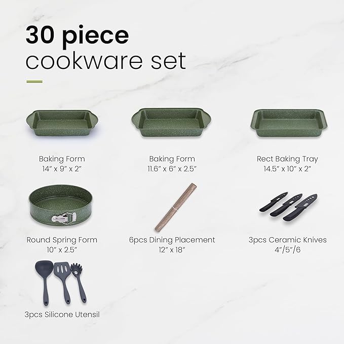 Kitchen Academy Pots and Pans Set Nonstick, 30 Pieces Induction Kitchen Cookware and Bakeware Sets, Green Granite Coating Cooking Pans Set