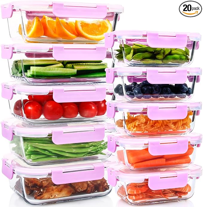 UMEIED 10 Pack Glass Food Storage Containers with Lids, Leakproof Airtight Glass Meal Prep Containers For Lunch, On The Go, Leftover, Dishwasher Safe