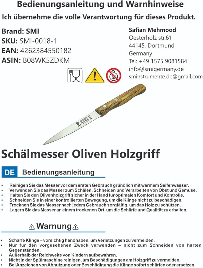 SMI - Paring Knife Fruit Knife Vegetable Knife Olive Wooden Handle Stainless Steel Solingen Knife Made in Germany - Not Dishwasher Safe