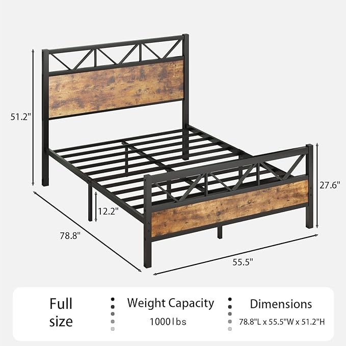 Full Size Bed Frame, Full Bed Frame with 51.2" Tall Industrial Headboard, Full Platform Bed Frame with Strong Steel Slats Support, Noise Free, No Box Spring Needed, Easy Assembly, Rustic Brown