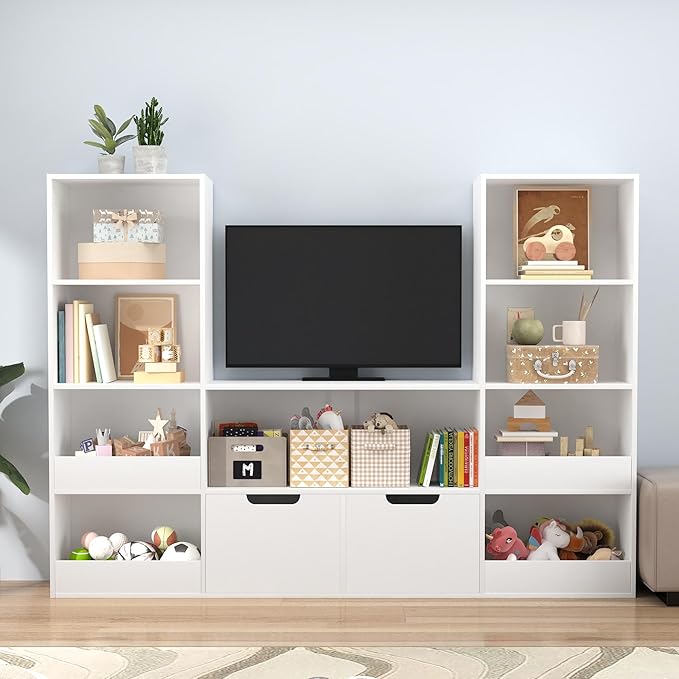 Toy Organizer and Nursery Bookshelf, 4-Tier Wooden Kids Bookcase with Storage Bins, Playroom Storage Rack for Toys and Books, Toy Storage Organizer for Playroom, Nursery, Classroom, White