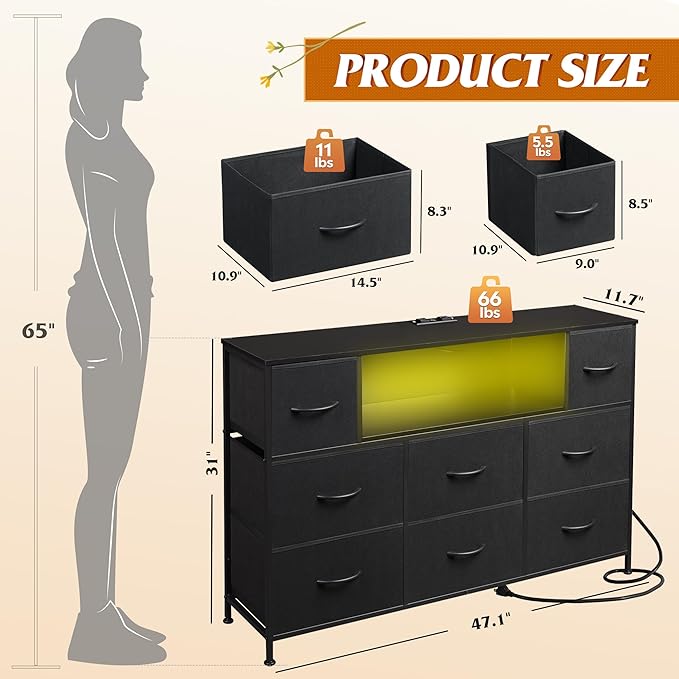 WLIVE Black TV Stand for 45, 50, 55 inch TV, Entertainment Center with LED Lights & Charging Station, TV Media Console Table with 8 Fabric Drawers and Open Shelves for Living Room, Hallway, Wood Top