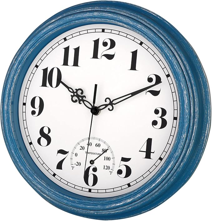 zyzamay 12 Inch Indoor Outdoor Clocks,Waterproof Wall Clock with Thermometer,Easy to Read,Non-Ticking Battery Operated Quality Quartz Clock, Decorative for Patio,Porch,Pool,Bathroom,Deck(Blue)