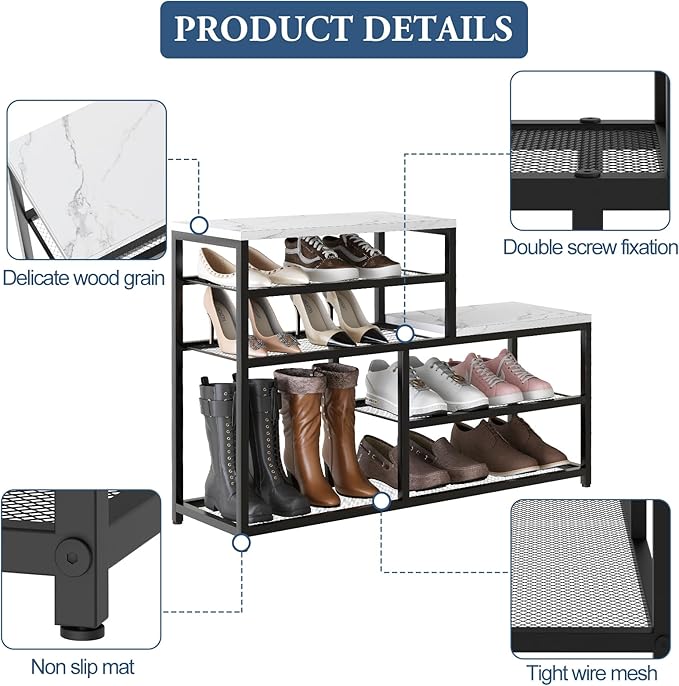 Shoe Rack Bench for Entryway,Free Standing Shoe Storage Organizer for Front Door Entrance,Boot Rack Holder Shelf for Closet with Seat,Sturdy Shoe Shelves for High Heels, Hallways,White Marble