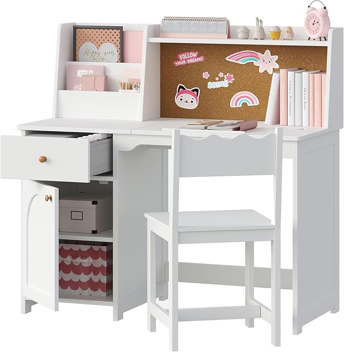 Treocho Kids Study Desk and Chair Set, Kids Desks with Hutch and Tiltable Desktop for 5-12 Years Old, Wooden Children Study Table with Fabric Drawers, Student Writing Desk Bedroom, Home School,White