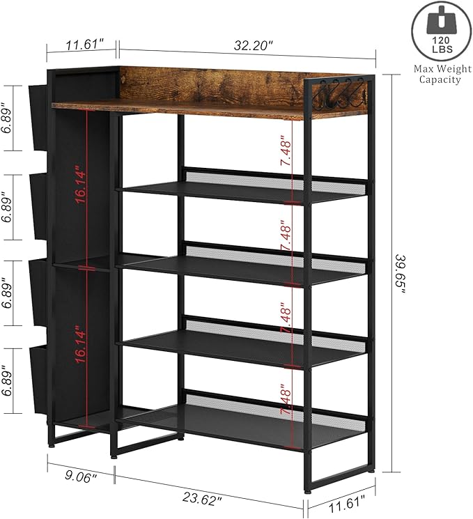 Brown 5-Tier Shoe Organizer - Free Standing Shoe Rack with Storage Bag for High Heels, Entryway, Hallways, Closets, Dormitory Rooms