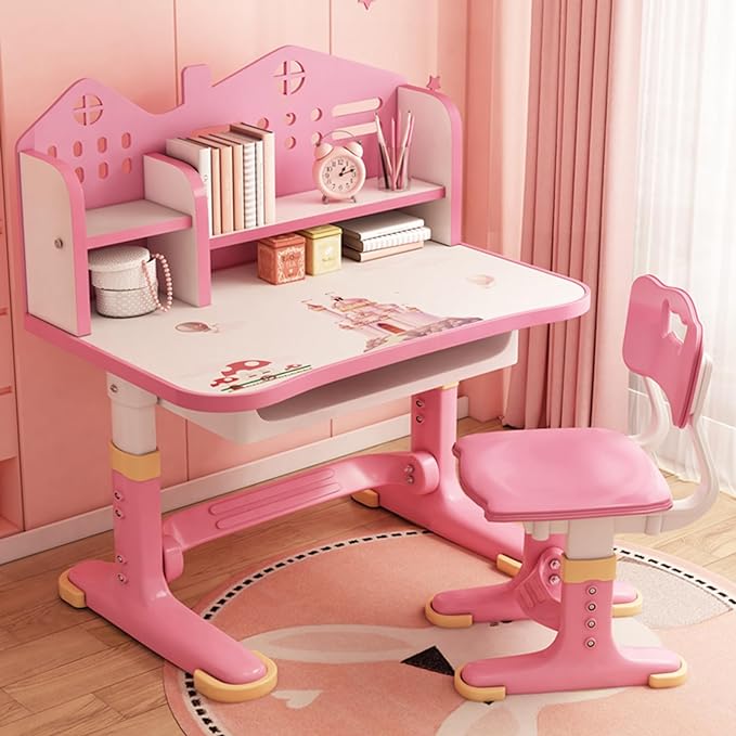 Kids Desk and Chair Set Adjustable School Study Desk with Castle Backboard, Wide Tabletop, Bookstand & Storage Drawer for Children's Room Pink (Pink)