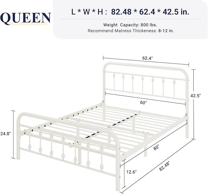 Allewie 14 Inches Queen Size Metal Platform Bed Frame with Victorian Style Iron-Art Headboard/Footboard, Mattress Foundation, Easy Assembly, Under Bed Storage, No Box Spring Required, White