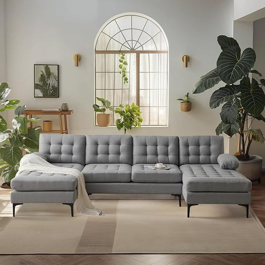 VINGLI 110" Modern U Shaped Sectional Sofa Couch with 51"D Double Chaise for Living Room, Large Tufted Button Couch Sets with 5.9" Thickness Seating Padding for Small Spaces (Light Grey,Tufted Button)